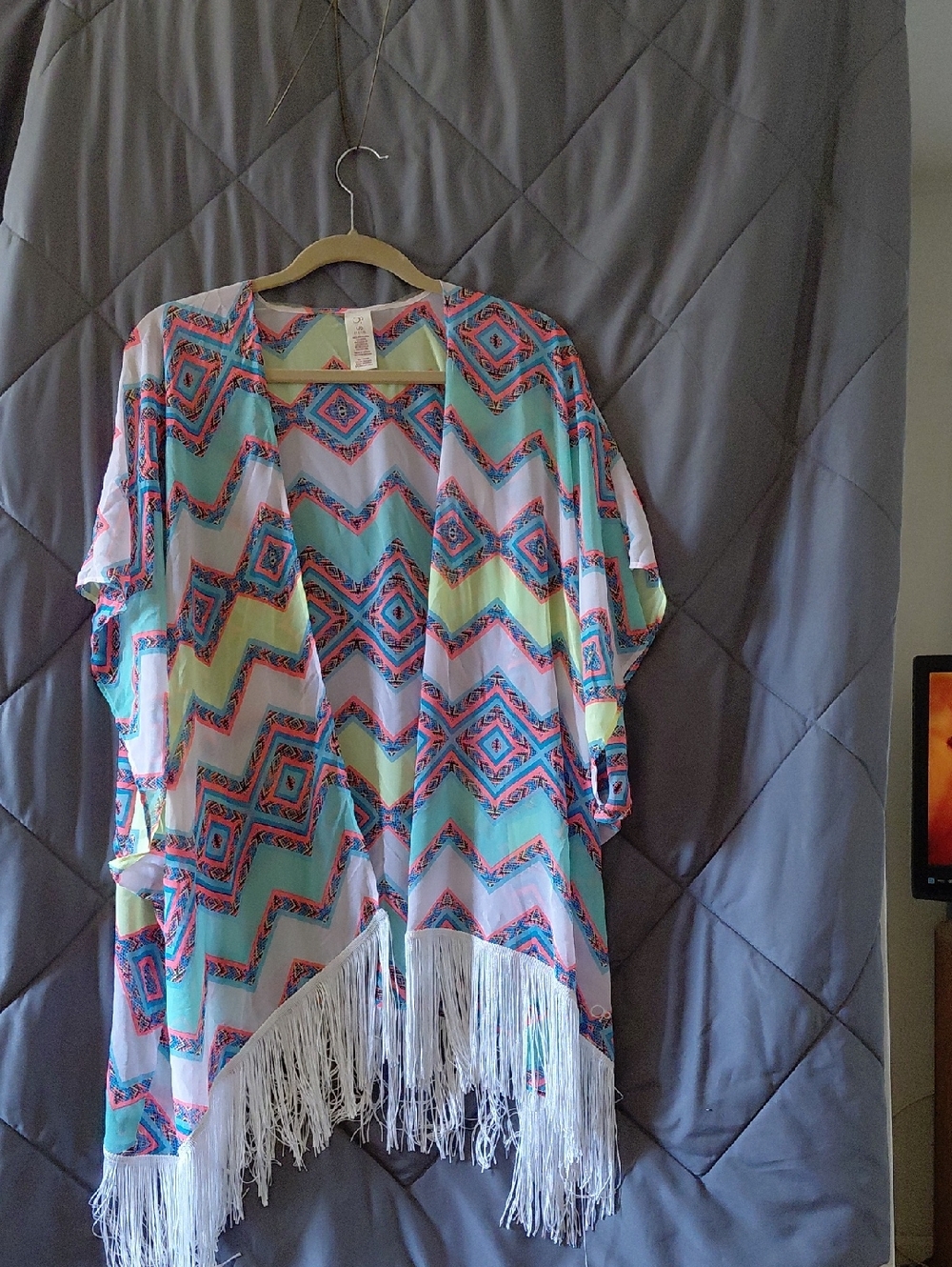 OP Aztec Print Fringe Kimono in Teal, Pink, Yellow, White
